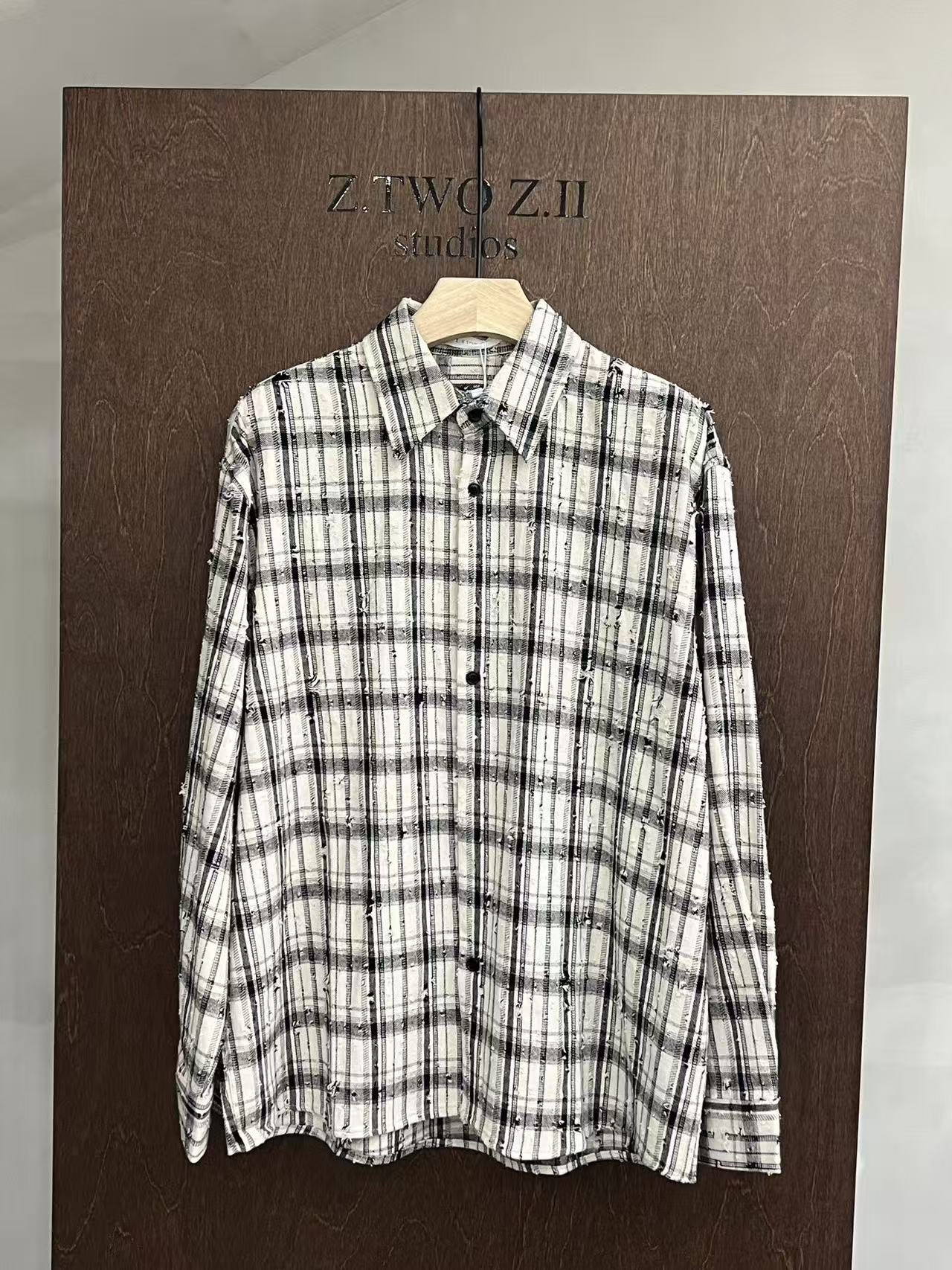 Distressed Monochrome Plaid Cotton Shirt
