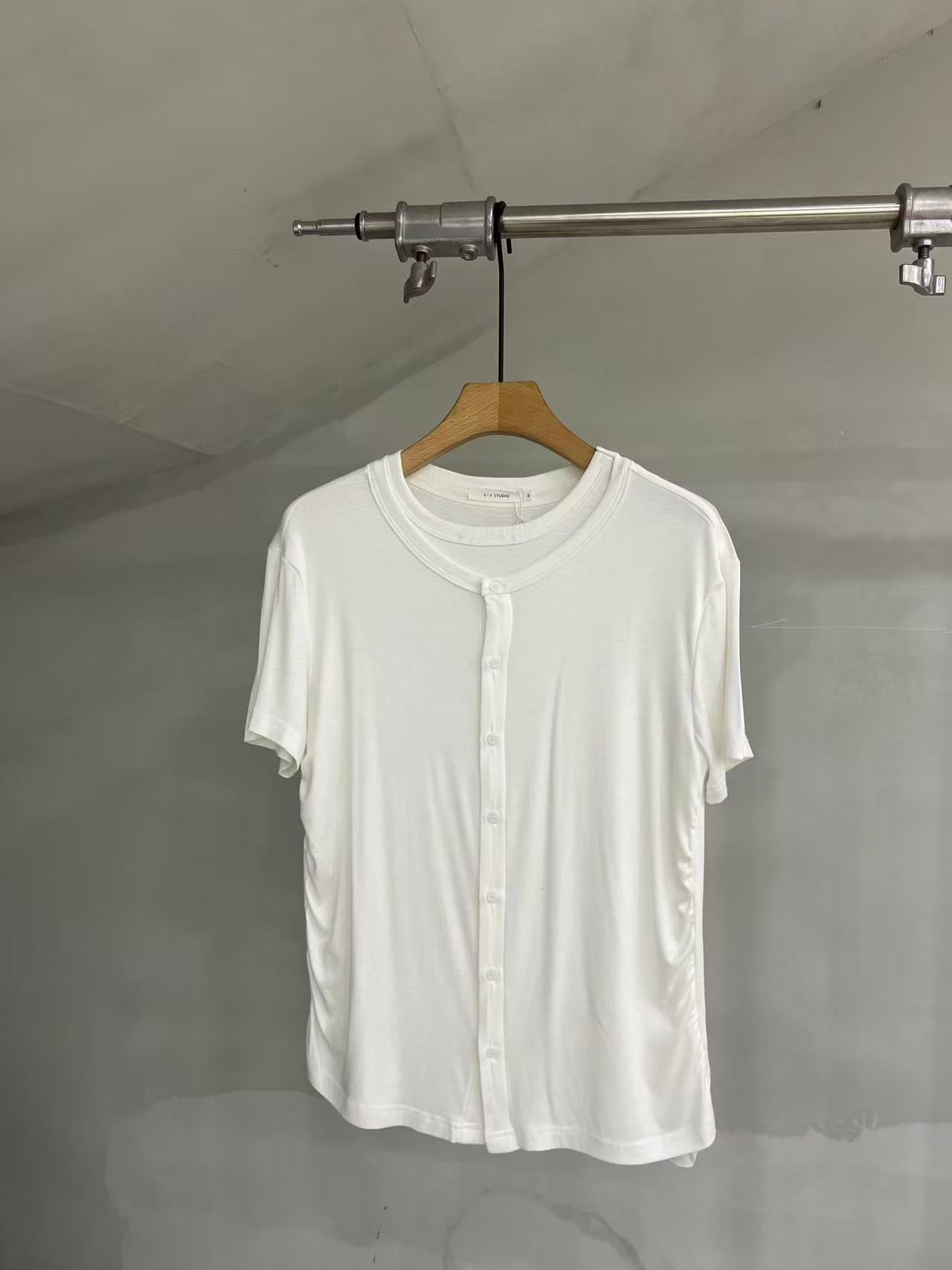 Layered-Neck Button-Front Short-Sleeve Tee