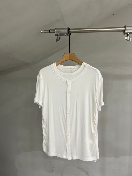 Layered-Neck Button-Front Short-Sleeve Tee